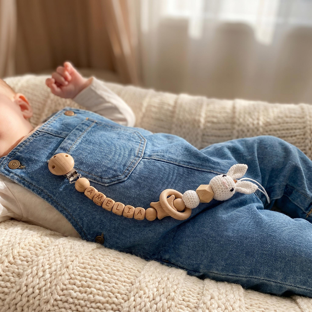 Personalized Bunny Baby Pacifier Wooden Bead Clip | CWToy194