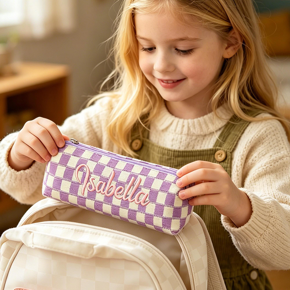 Personalized Embroidered Kids Colorful Gingham Pencil Case | CWPack372