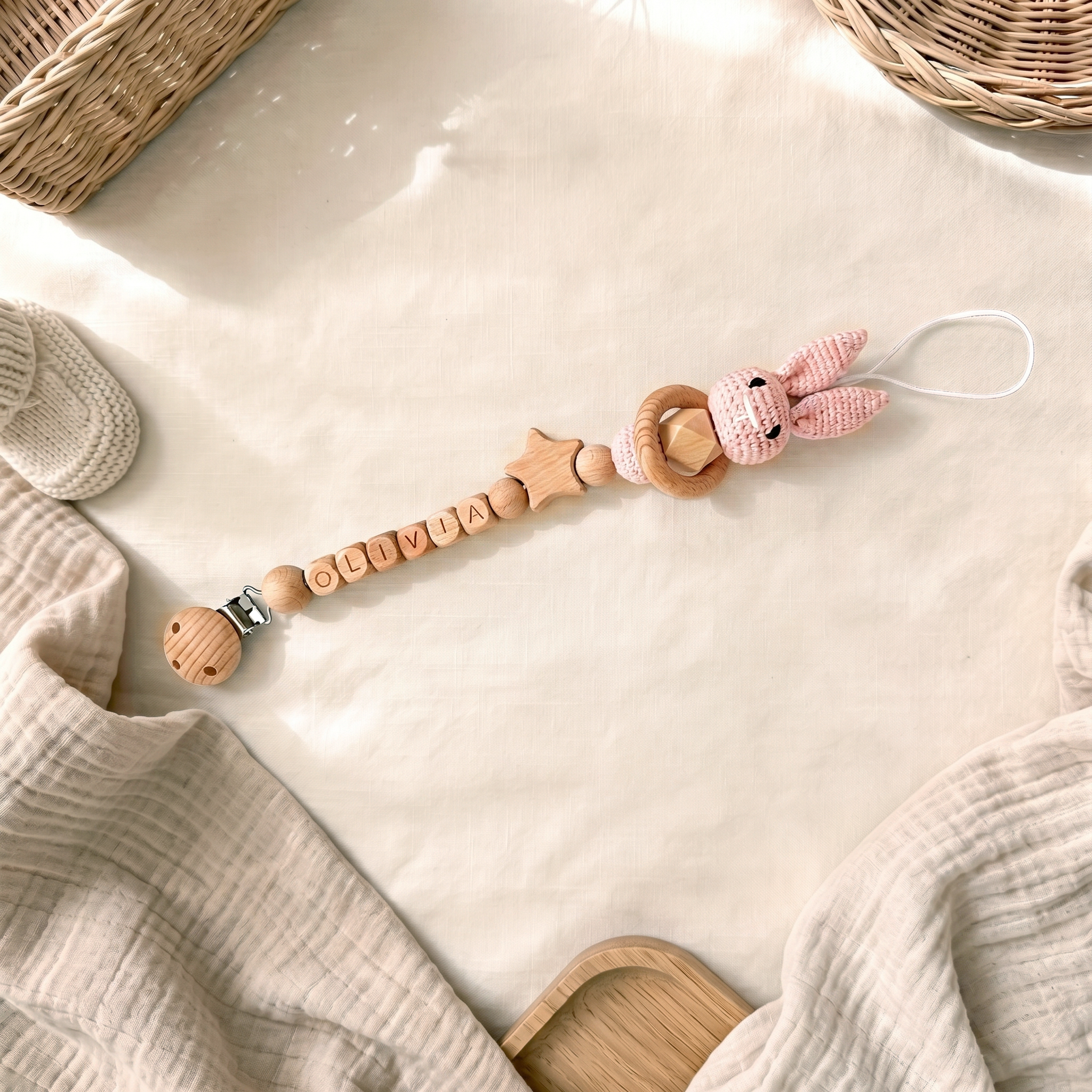 Personalized Bunny Baby Pacifier Wooden Bead Clip | CWToy194
