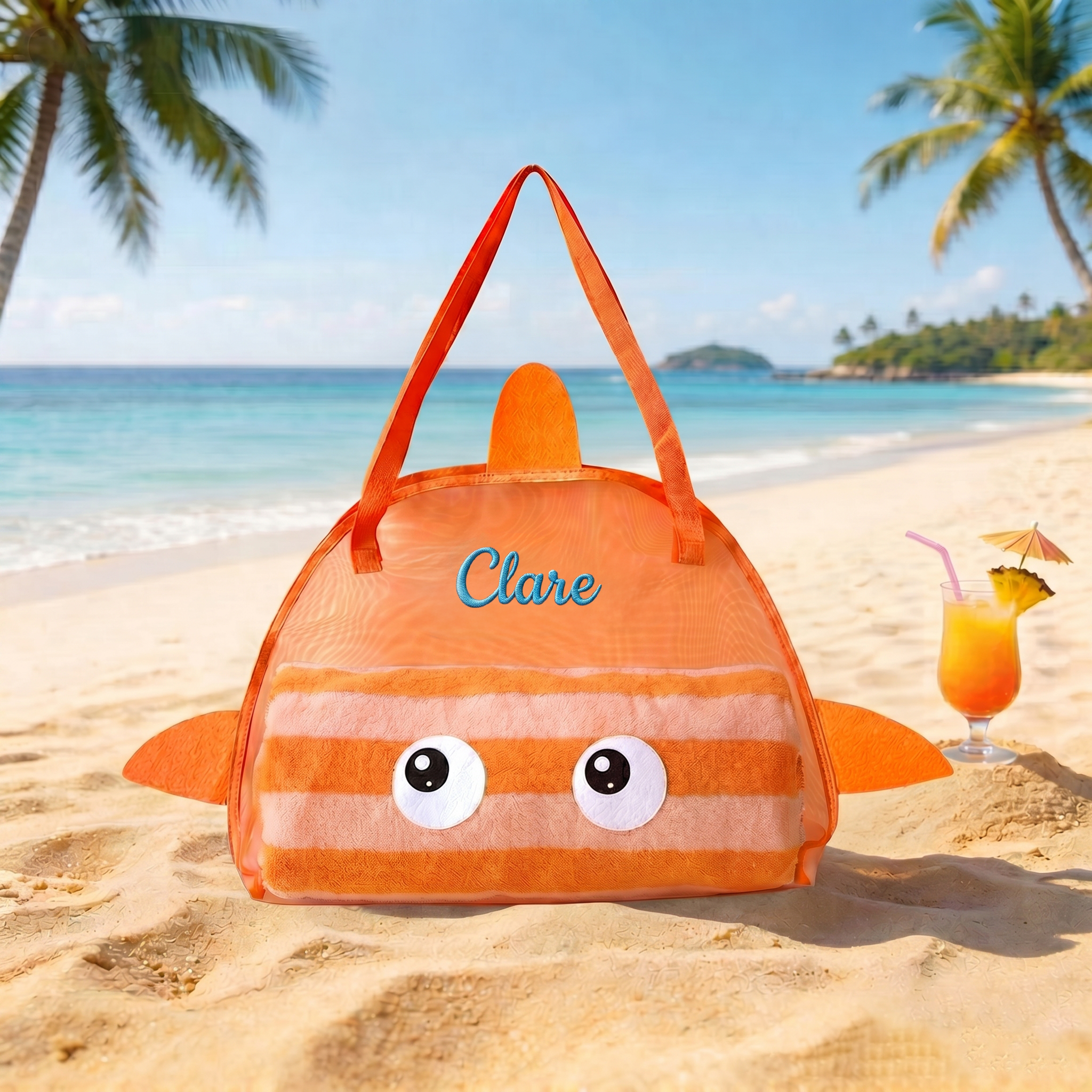 Personalized Embroidered Seashell Zipper Mesh Beach Bag | CWBeach256