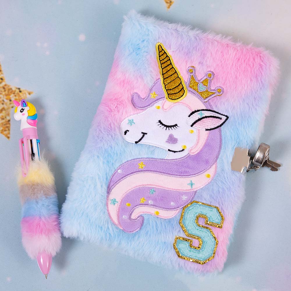 Personalised Chenille Patch Unicorn Fluffy Diary and Pen Set | CWToy196