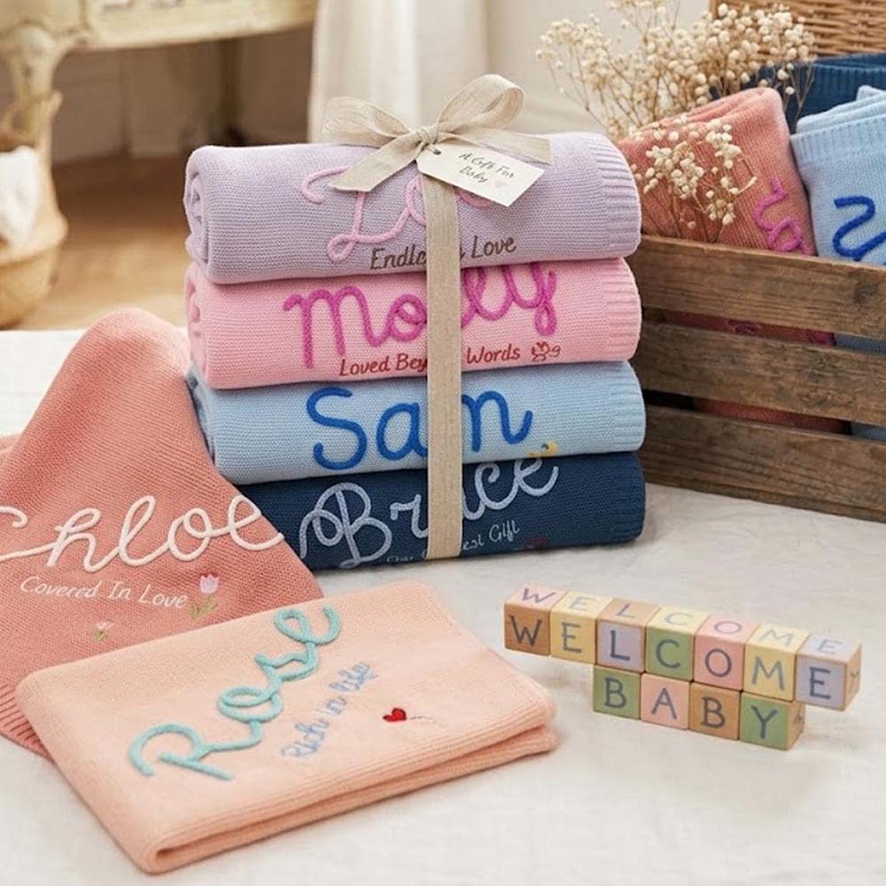 Personalized Hand Embroidered Knit Blanket for Baby | CWBaby512