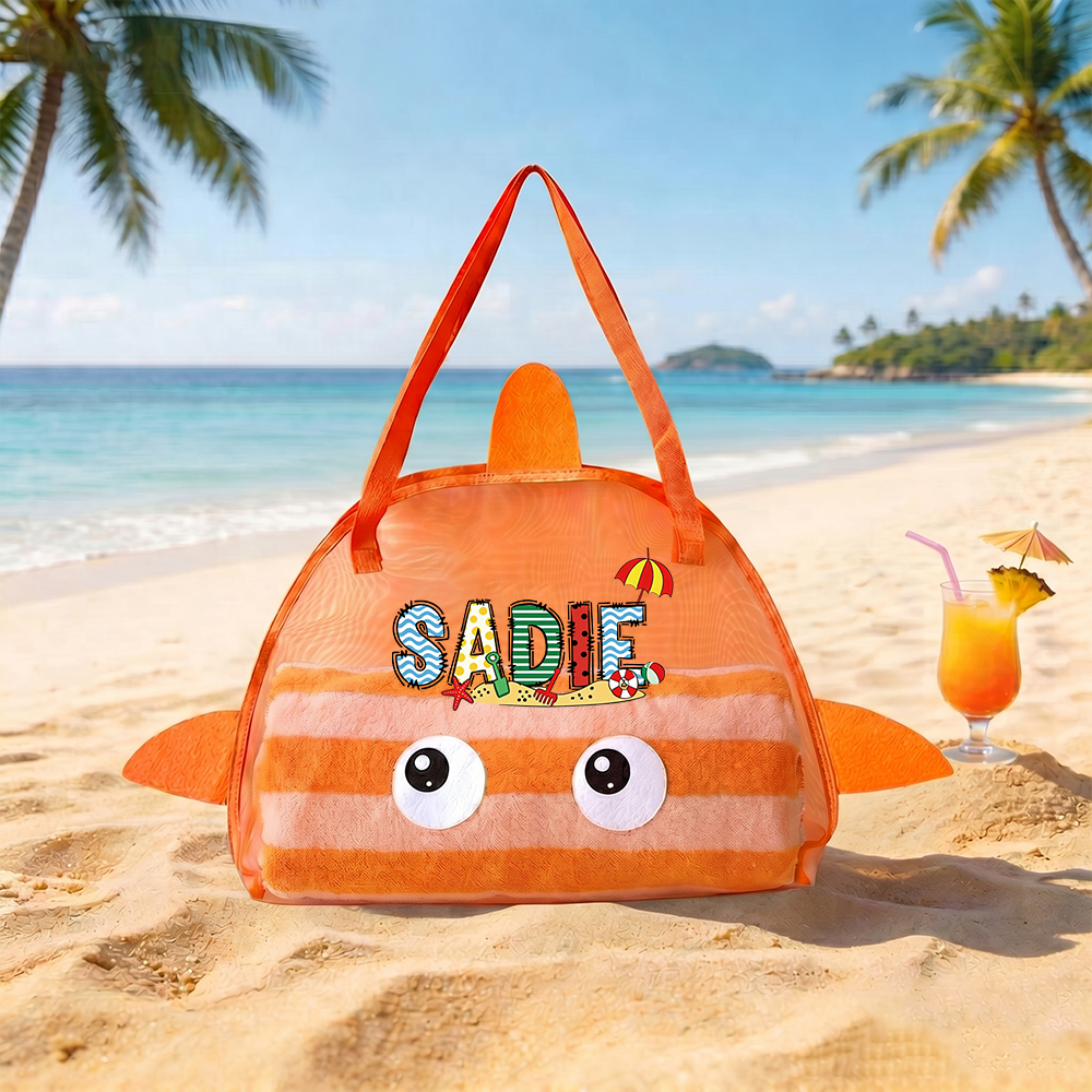Personalized Adorable Shark Seashell Zipper Mesh Beach Bag | CWBeach262