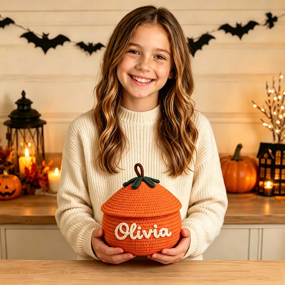 Personalized Hand Embroidered Halloween Pumpkin Treat Bucket | CWHalloween106