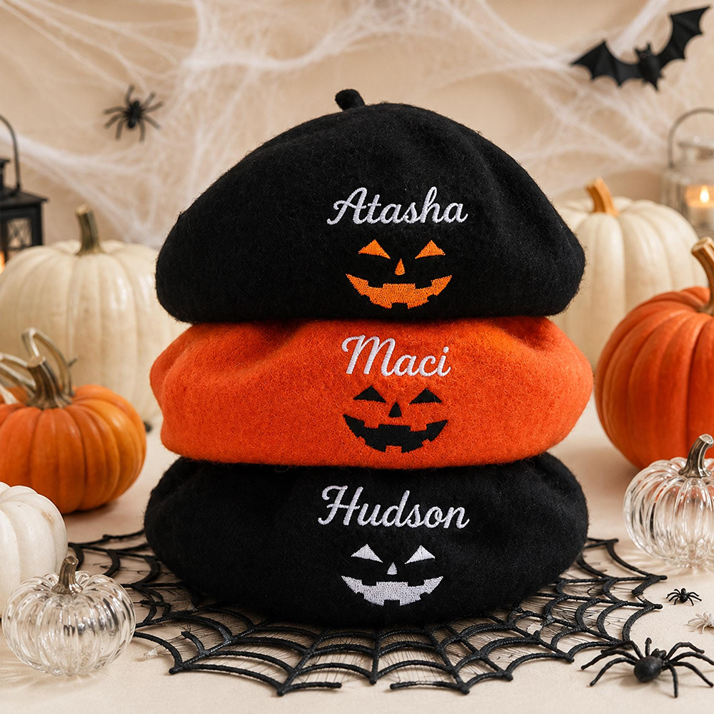 Personalized Embroidery Adjustable Halloween Pumpkin Beret | CWHalloween115