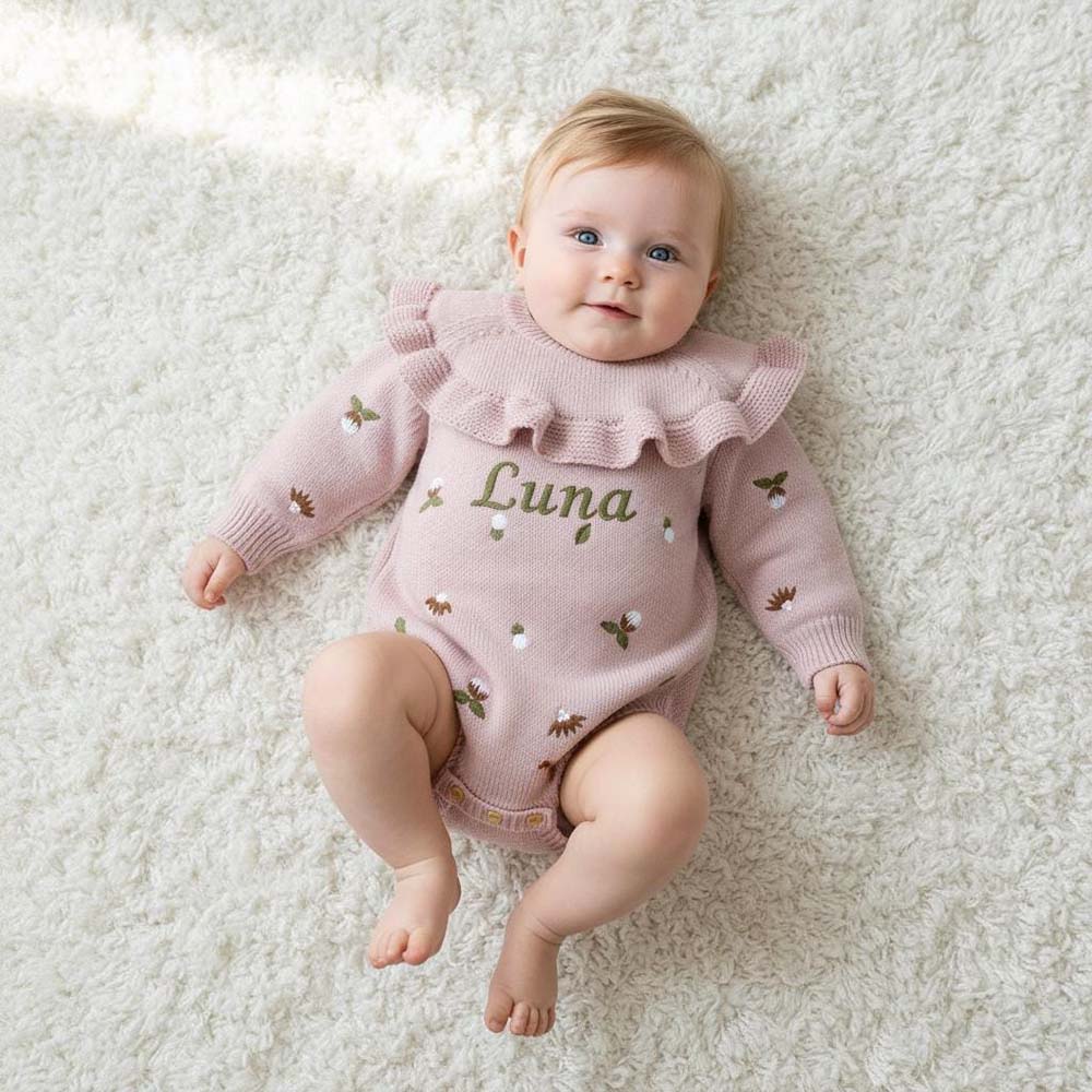 Personalized Embroidered Baby Knit Ruffle Romper | CWBaby519