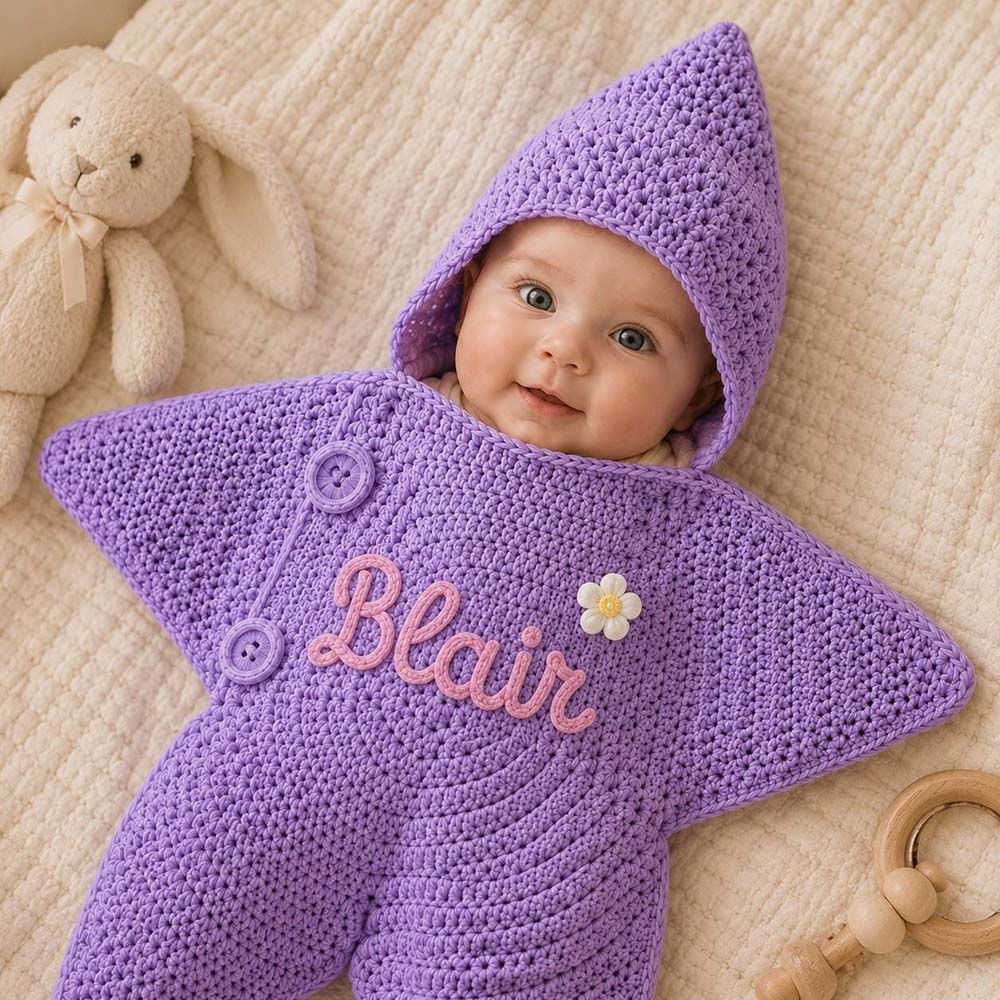 Personalized Hand Embroidered Hooded Crochet Star Baby Outfit | CWBaby524