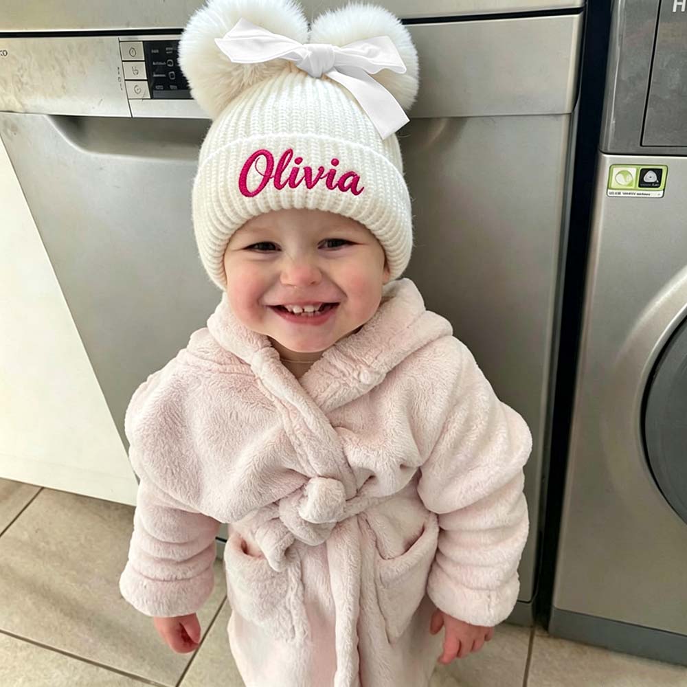 Personalized Embroidered Baby Pom Pom Hat with Bow | HSKid85