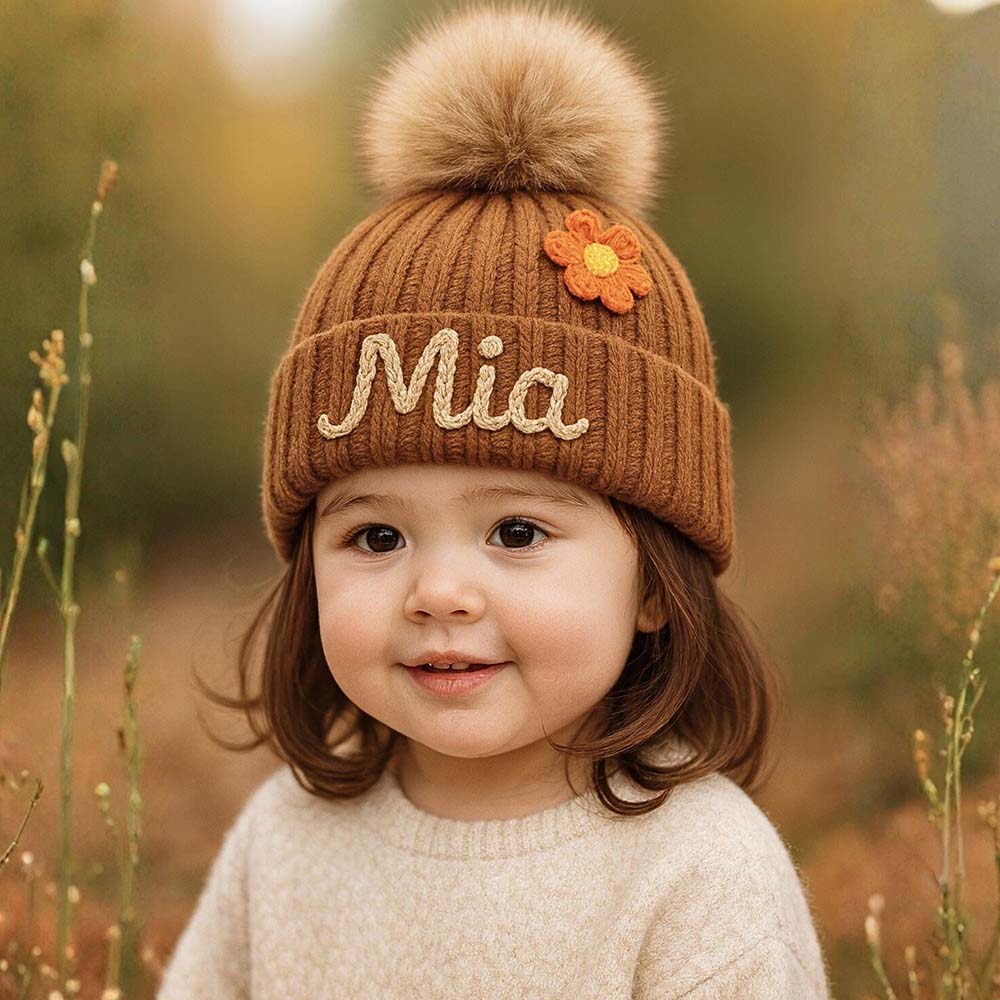 Personalized Hand Embroidered Kids Pom Beanie Winterhat | HSKid87