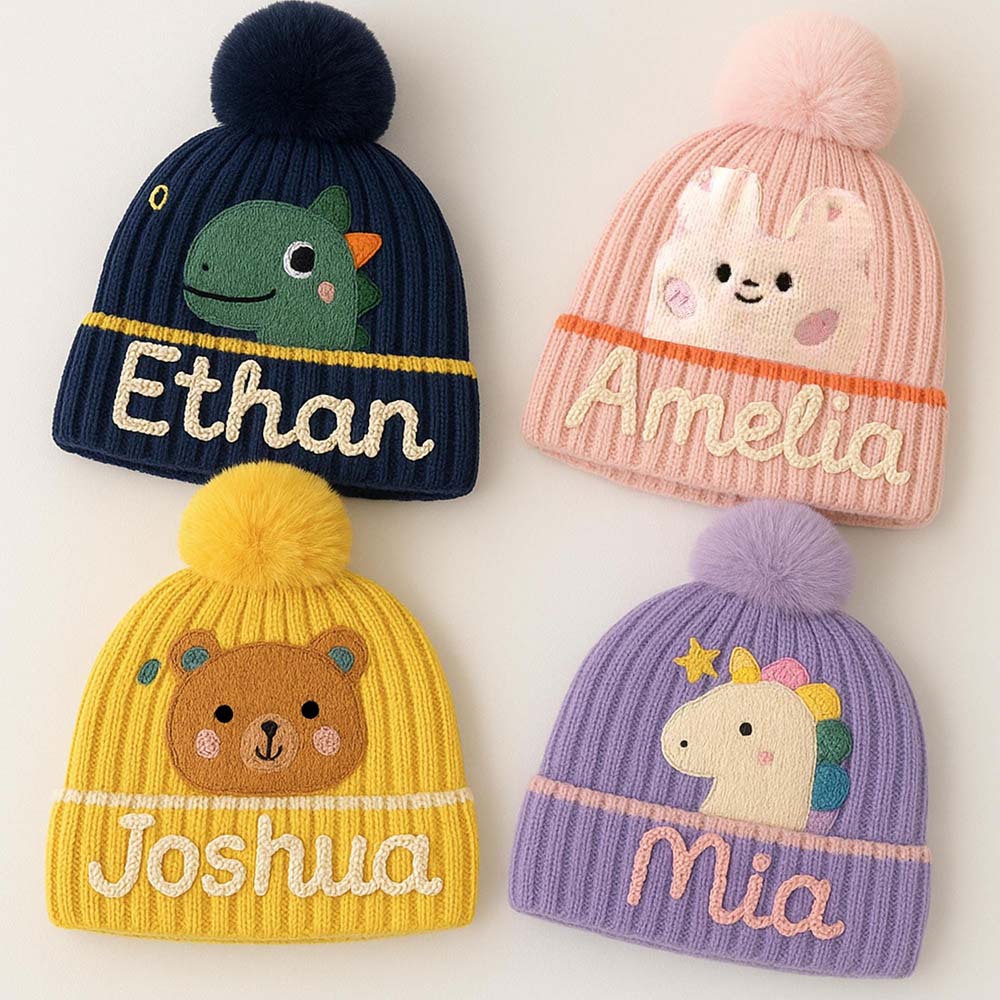 Personalized Hand Embroidery Cartoon Animal Pom Pom Beanie WinterHat | HSKid90