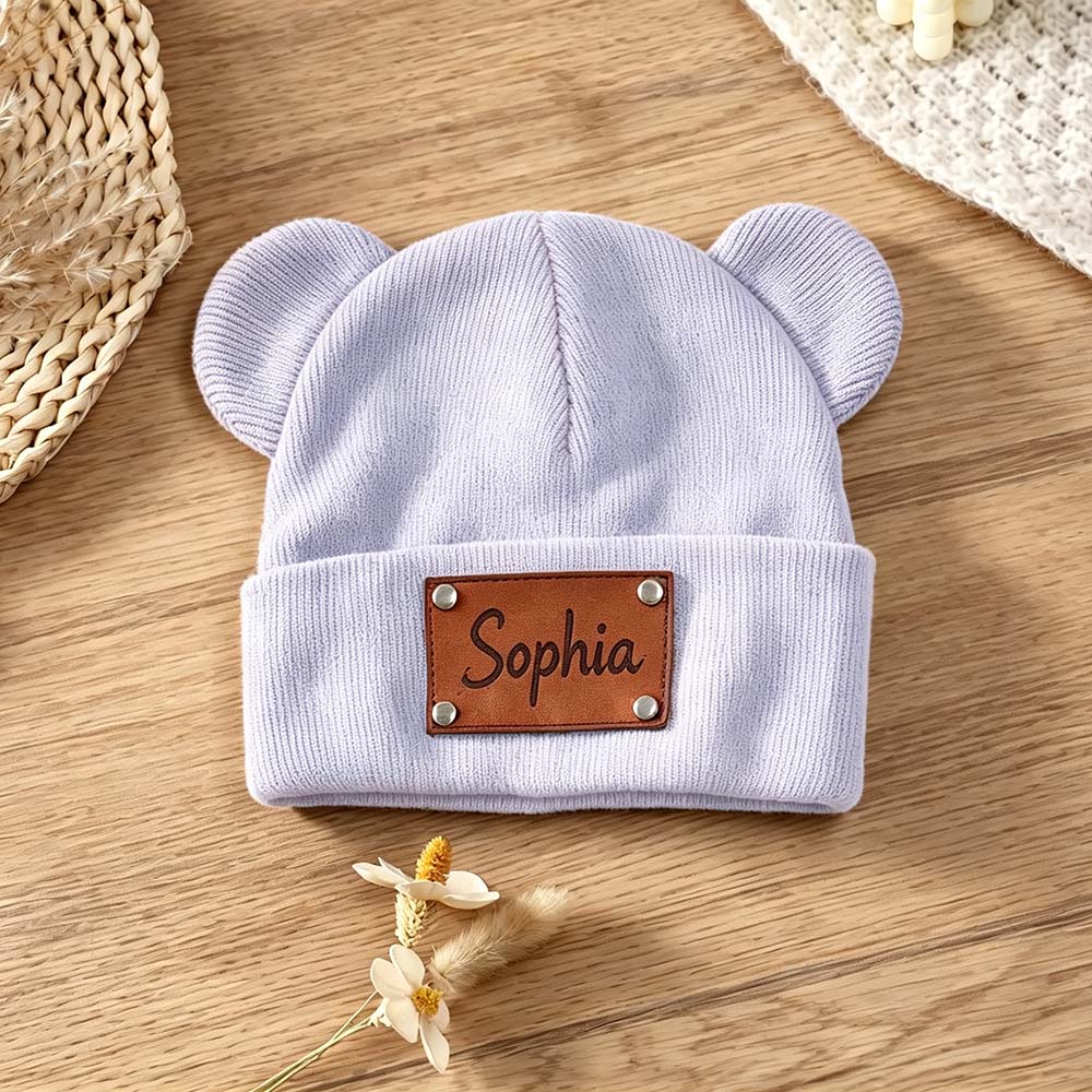 Personalized Leather Patch Kid Beanie Hat With Bear Ears | HSKid92