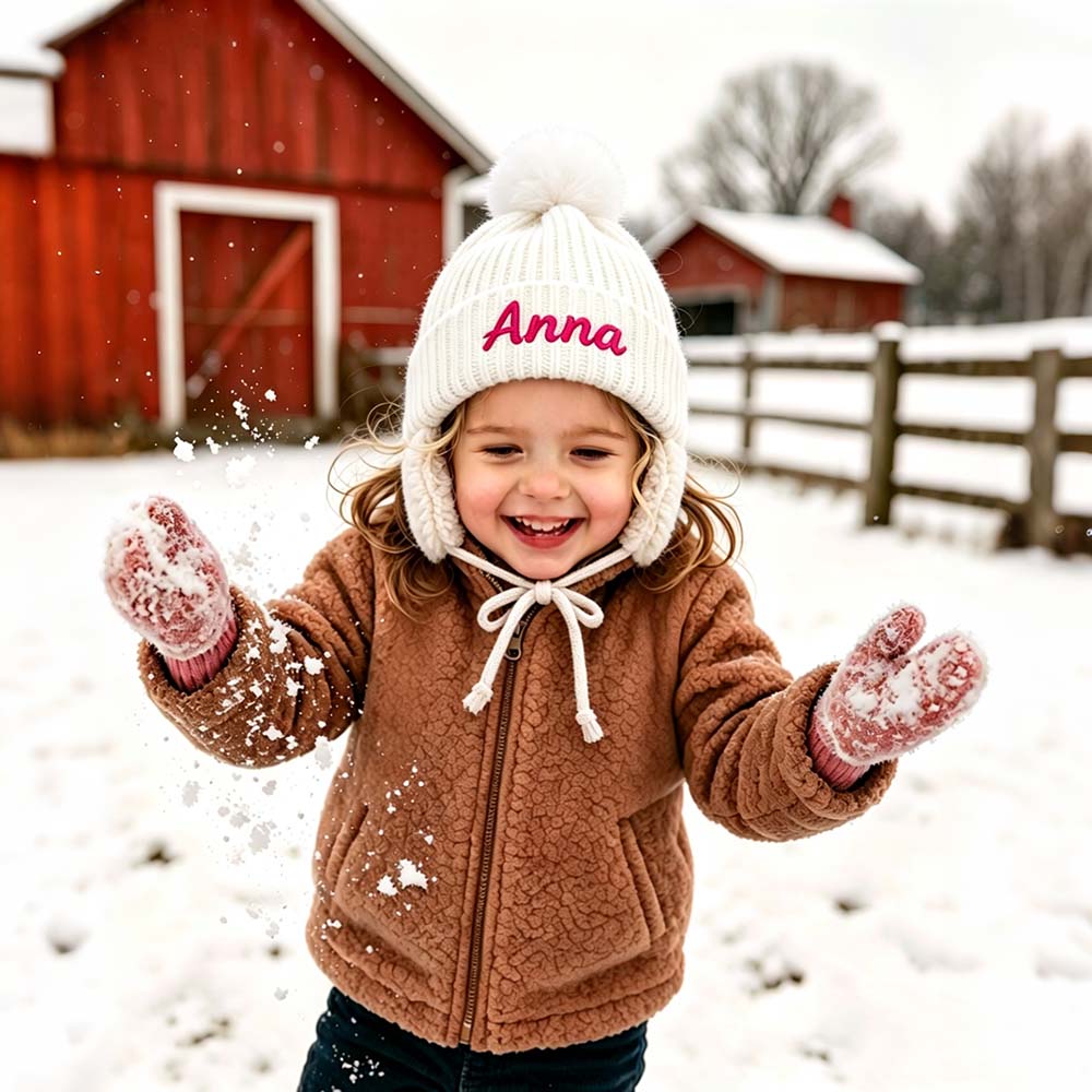 Personalized Embroidered Kids Winter Hat With Ear Flaps & Pom Pom | HSKid93