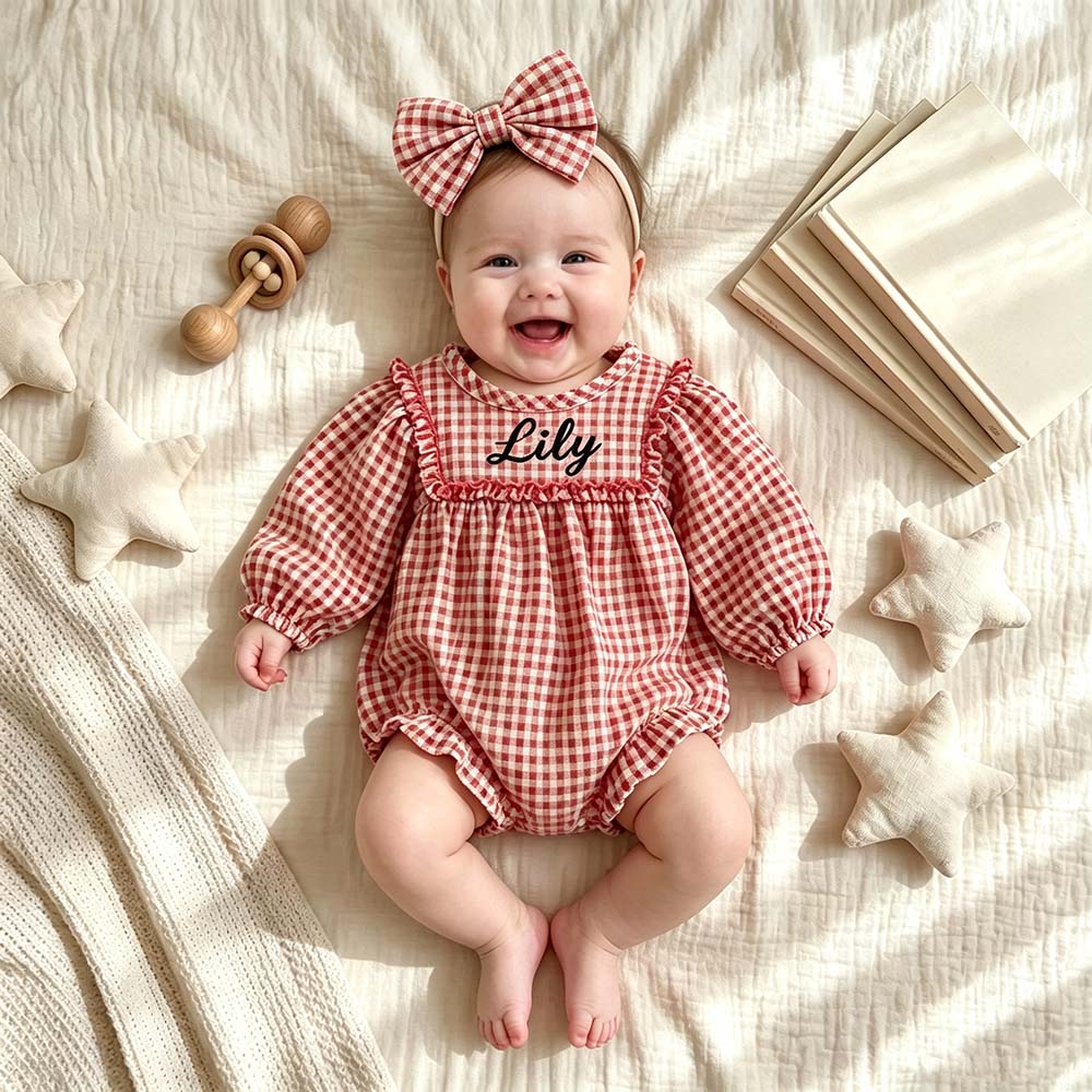 Personalized Embroidered Baby Girl Bubble Gingham Romper with Matching Bow | CWBaby533