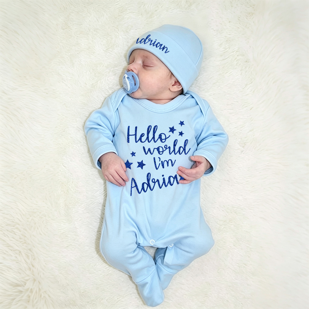 Personalized Baby Hello World Romper & Hat Set | CWBaby536