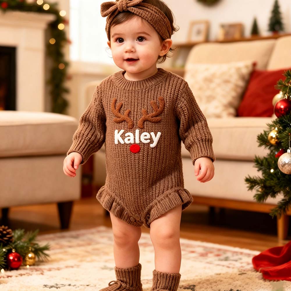 Personalized Embroidered Reindeer Baby Romper Set With Bow Headband & Socks | MCGift388