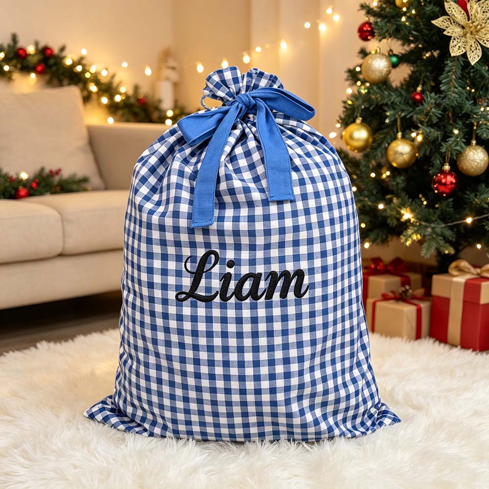 Personalized Embroidered Gingham Santa Gift Bag | MCGift391
