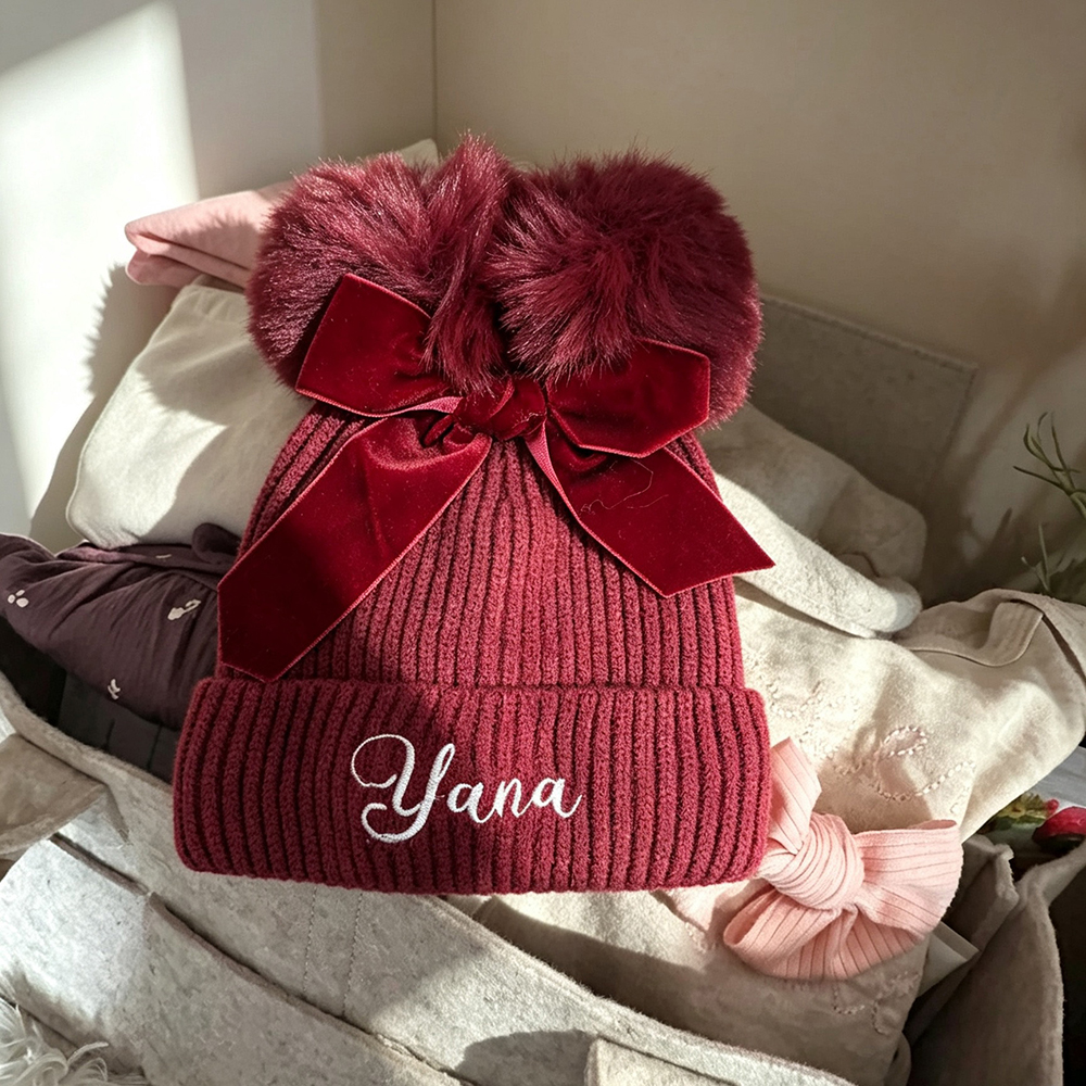 Personalized Embroidered Baby Pom Pom Hat with Bow | HSKid85