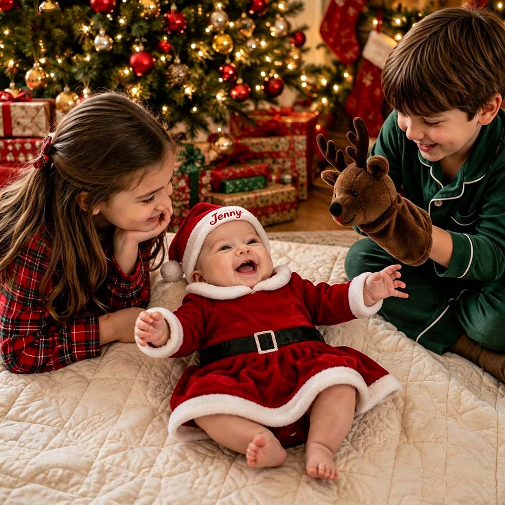 Personalized Embroidered Velvet Baby Santa Claus Dress Outfit with Santa Hat | MCGift406