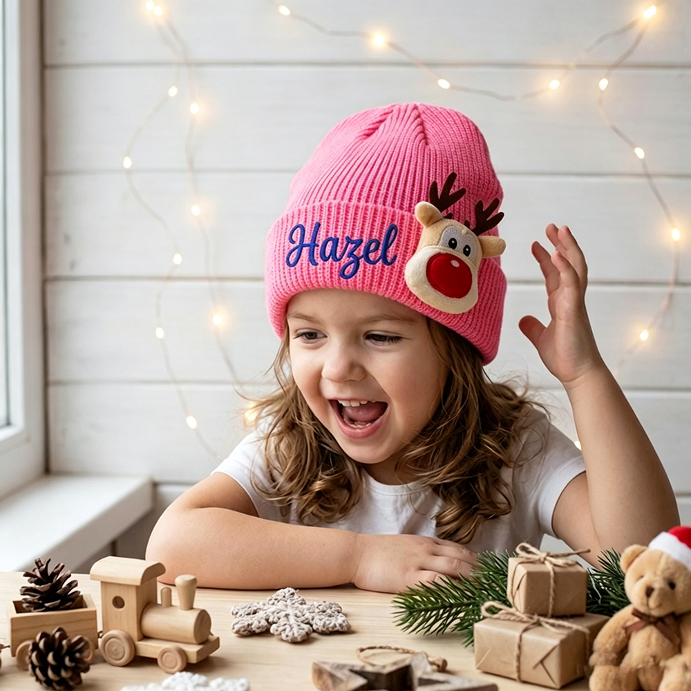 Personalized Embroided Christmas Reindeer Color Beanie | HSKid51