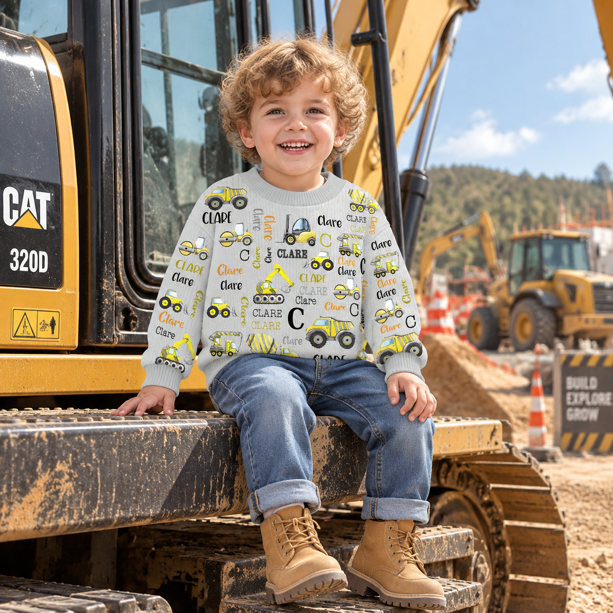 Personalized Lovely Kids Construction Vehicle Knit Sweater | CWSweater20