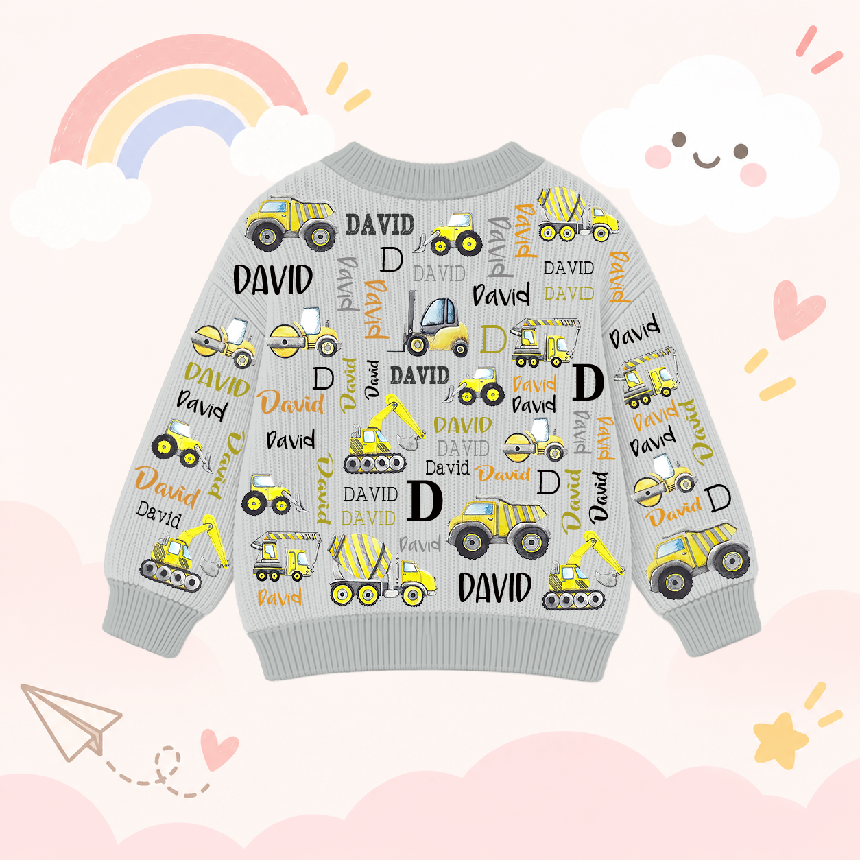 Personalized Lovely Kids Construction Vehicle Knit Sweater | CWSweater20