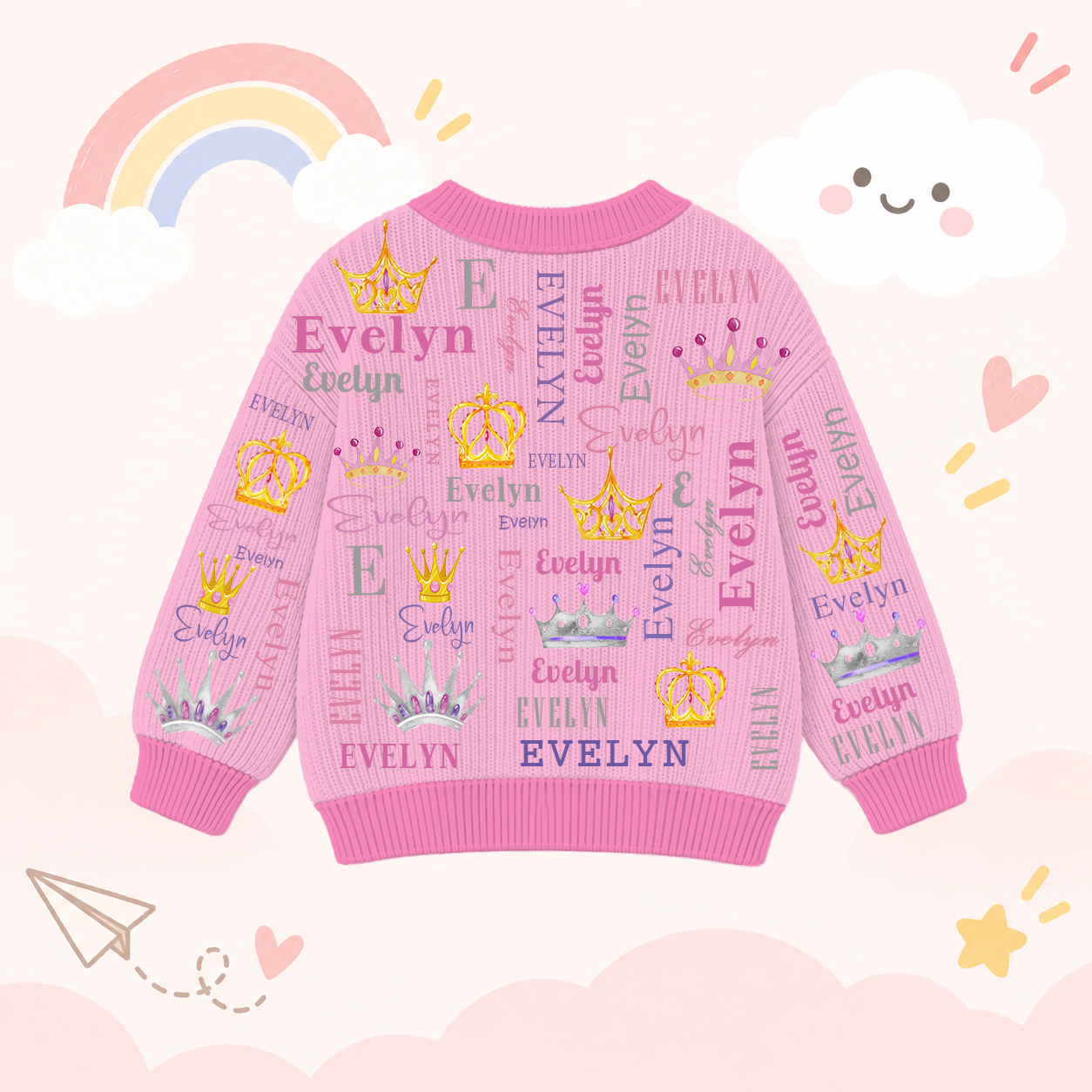Personalized Lovely Kids Diamond Crown Knit Sweater | CWSweater23