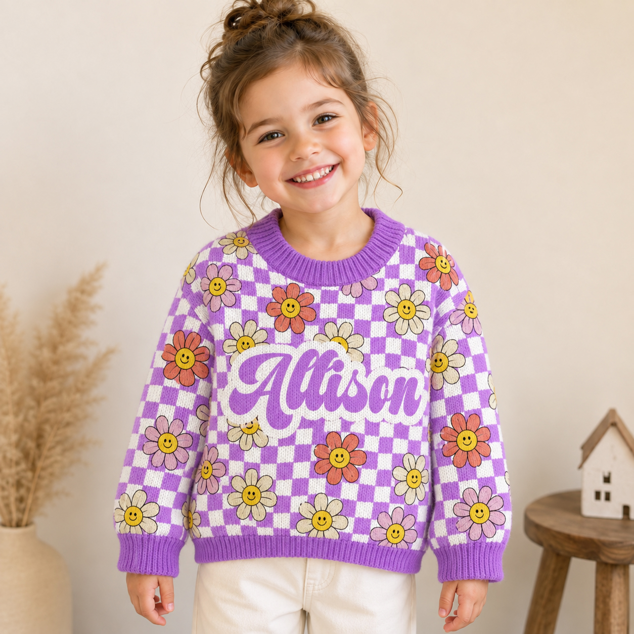 Personalized Lovely Kids Smile Daisy Knit Sweater | CWSweater25