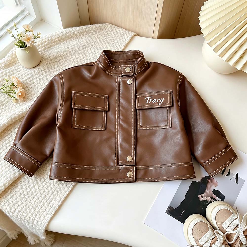 Personalized Embroidered Long-Sleeved Leather Jacket For Girls | CWBaby541