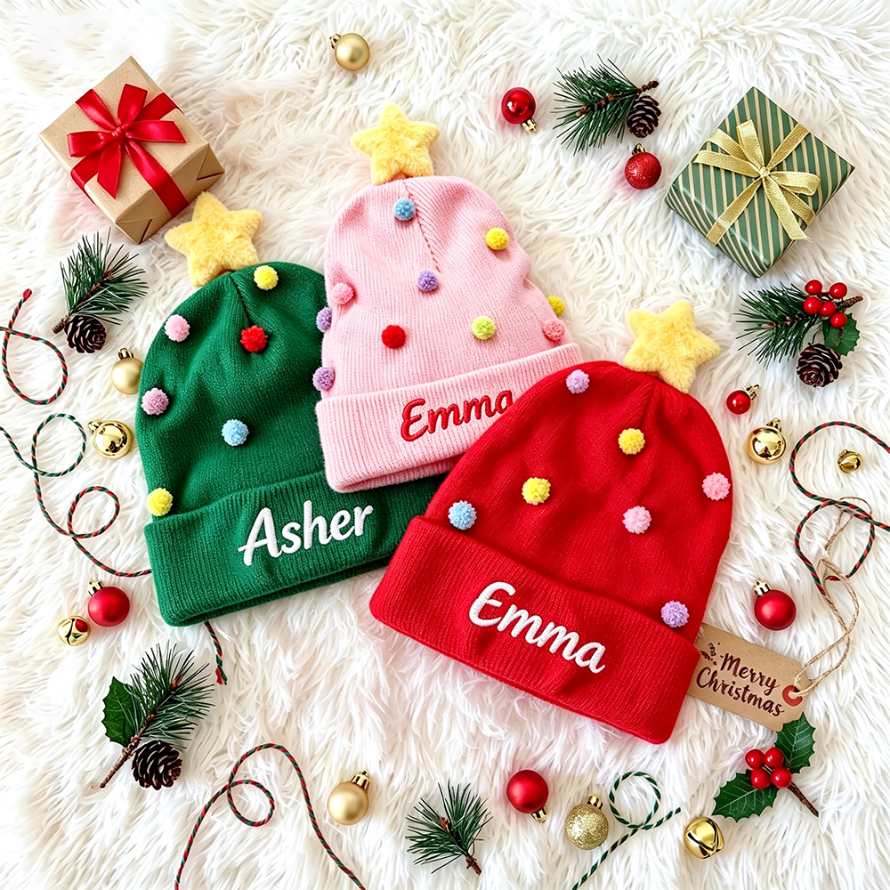 Personalized Embroidery Christmas Pom Pom Beanie For Kids | MCGift416