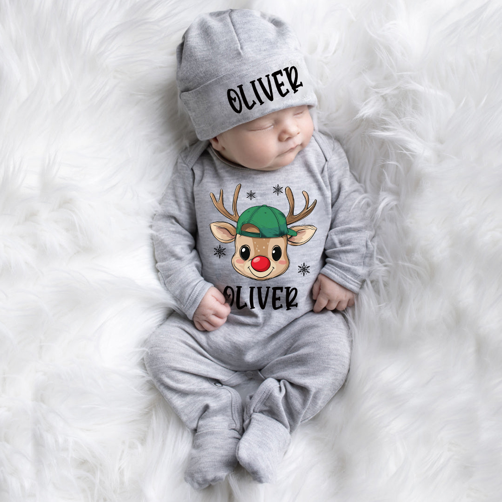 Personalized Baby Christmas Reindeer Romper & Hat Set | MCGift421