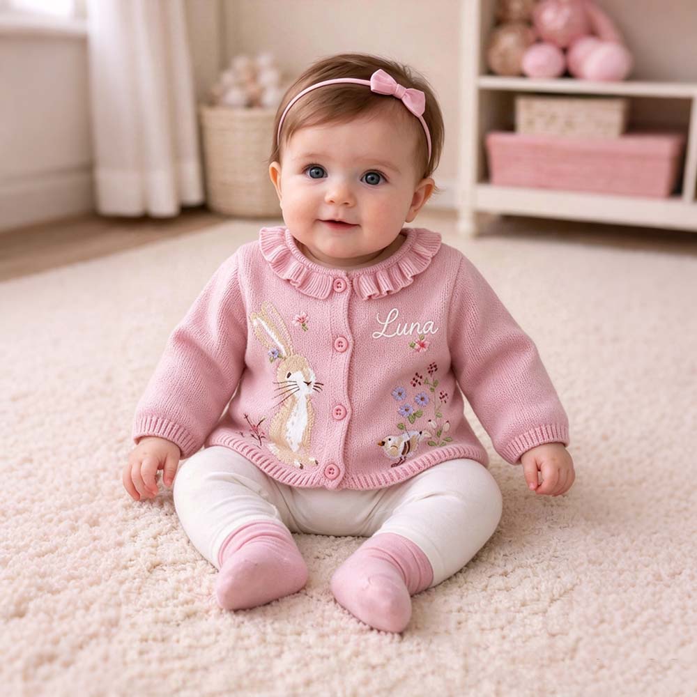 Personalized Embroidered Adorable Rabbit Knit Cardigan For Kids | CWBaby545