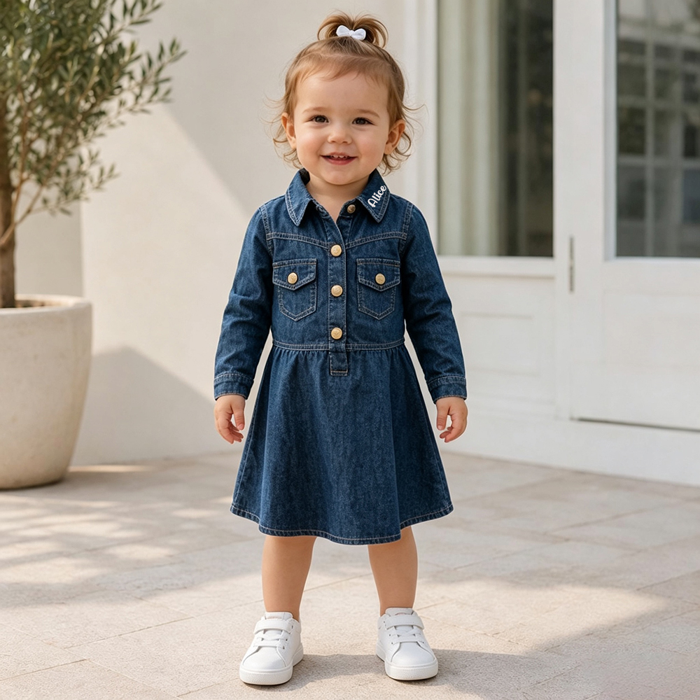 Personalized Long Sleeves Denim Dress For Girls | CWBaby542