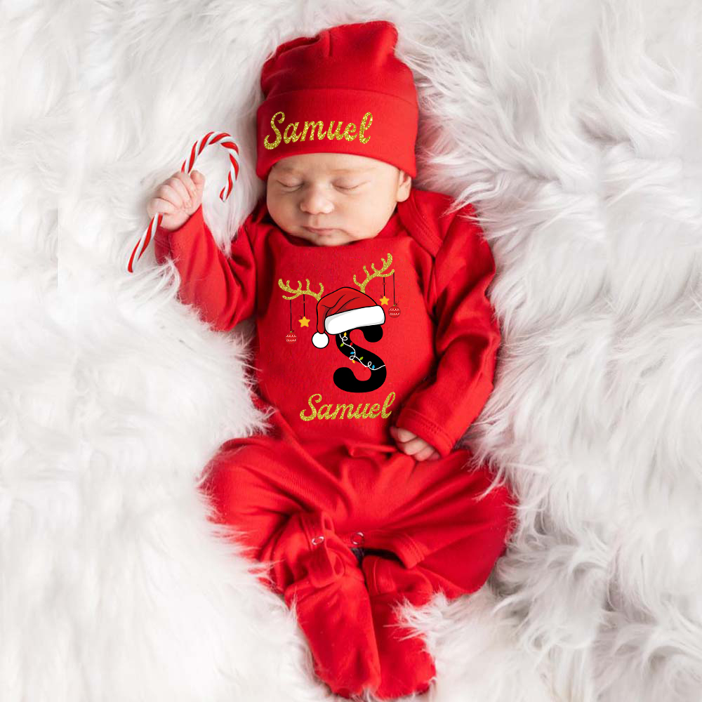 Personalized Baby Christmas Monogram Romper & Hat Set | MCGift424