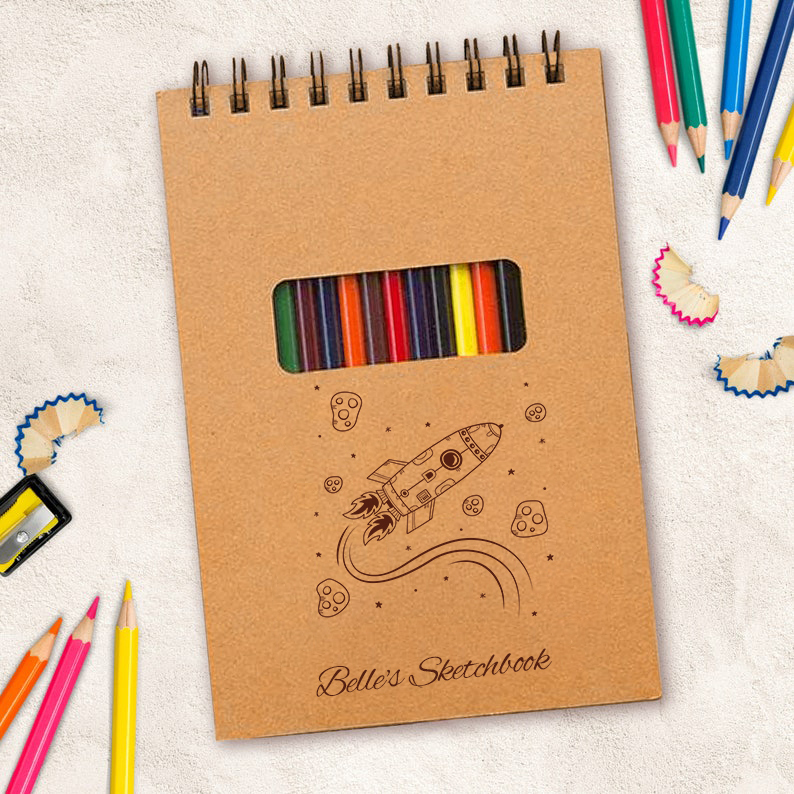Personalized Sketchbook for Kids (Colored Pencils Included)