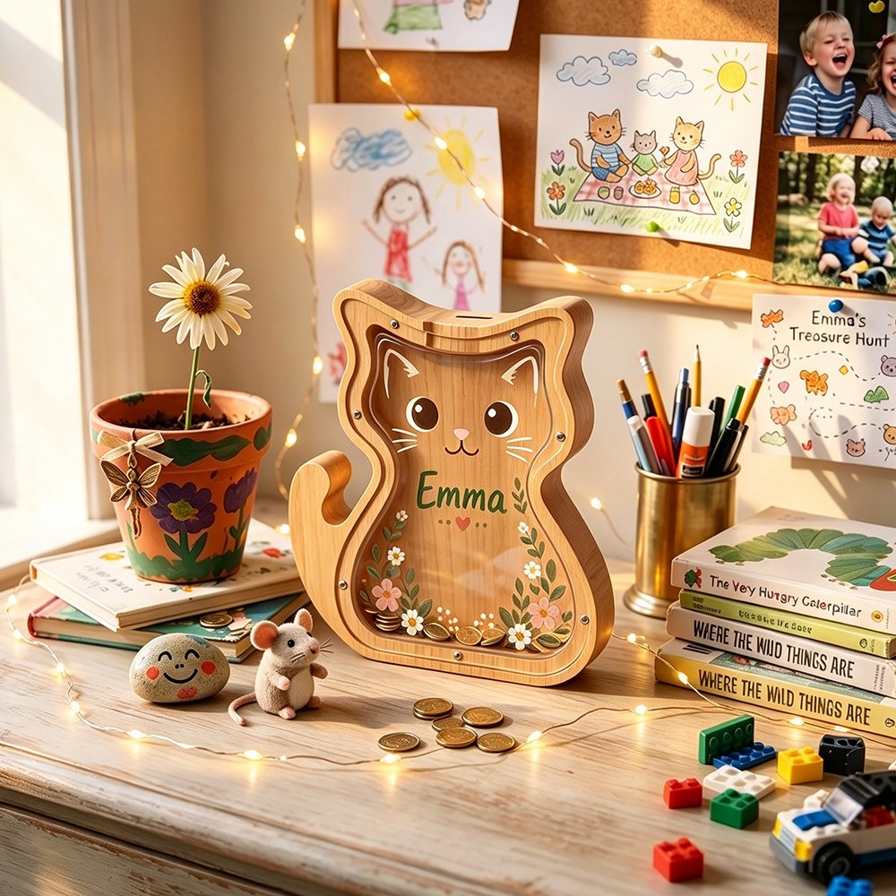 Personalized Wooden Cute Kitty Piggy Bank for Kids | MCGift432