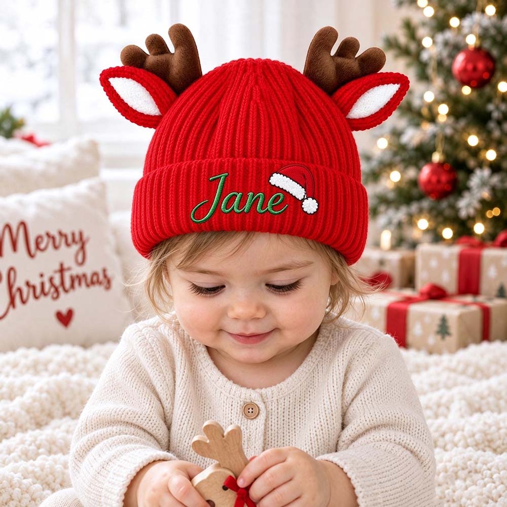 Personalized Embroidery Christmas Reindeer Beanie For Toddler Kids | MCGift429