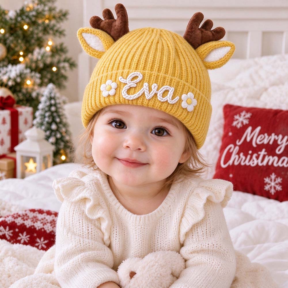 Personalized Hand Embroidery Christmas Reindeer Beanie For Toddler Kids | MCGift430