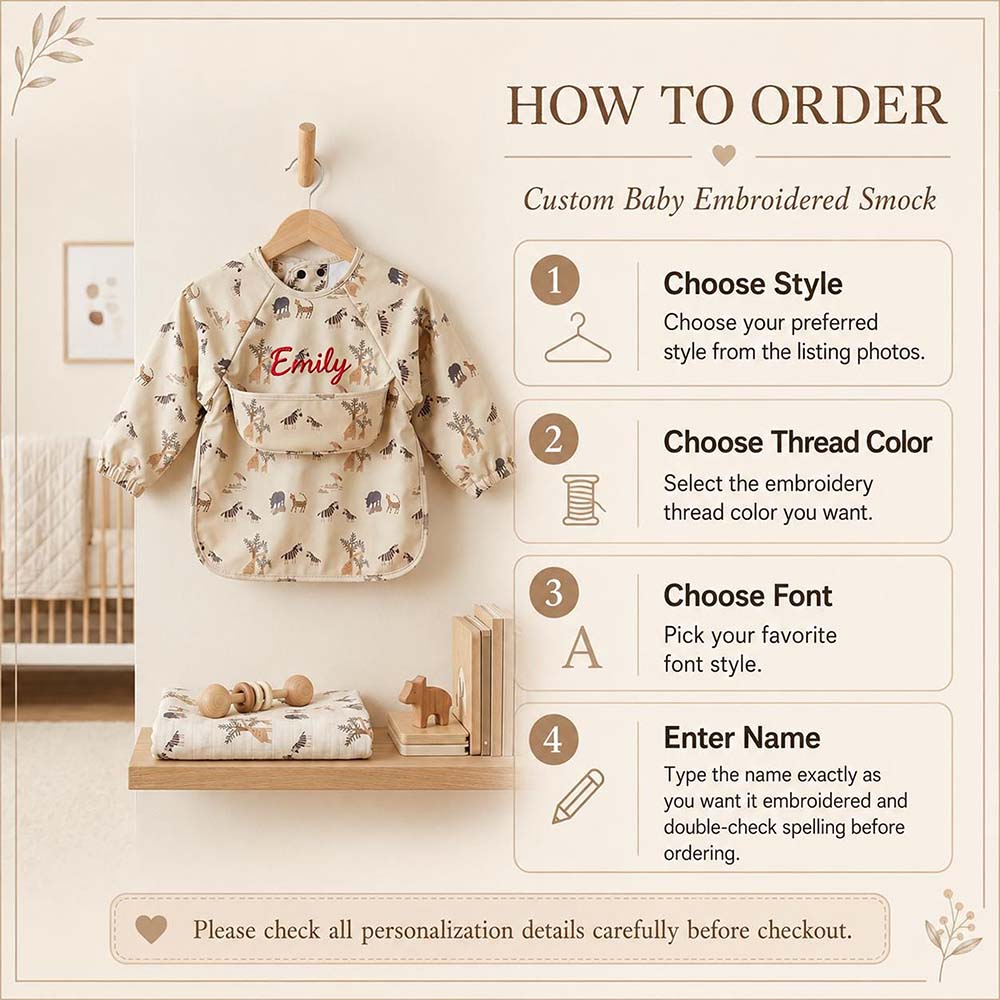 Personalized Embroidered Baby Bib Smock With Sleeves Feeding Cover | CWBaby561