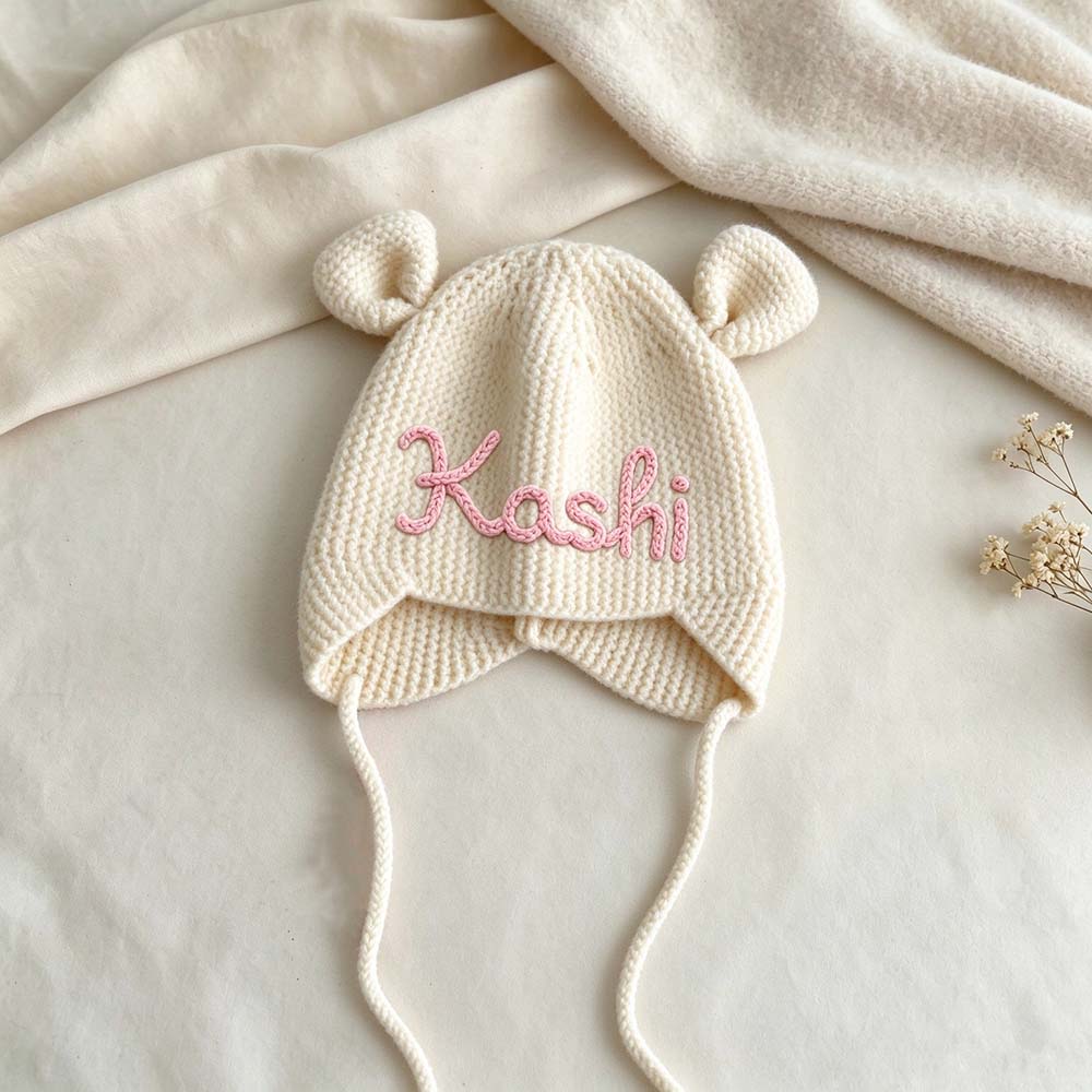 Personalized Hand Embroidered Bear Ears Baby Knit Beanie Hat | CWBaby563