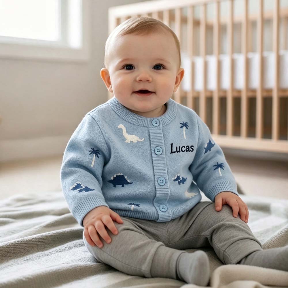 Personalized Embroidered Adorable Dinosaur Knit Cardigan | CWBaby548