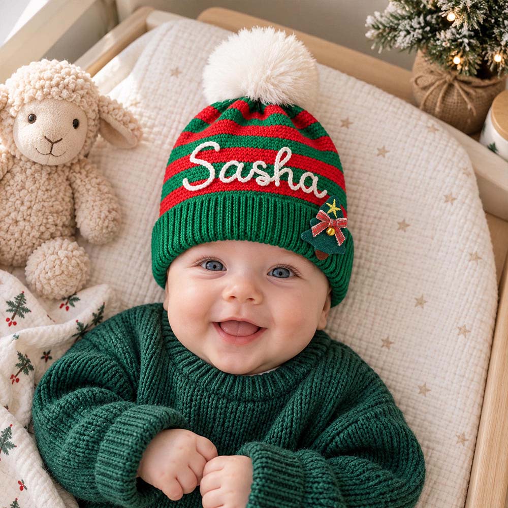 Personalized Hand Embroidery Kids Stripe Pom Pom Beanie Hat | MCGift441