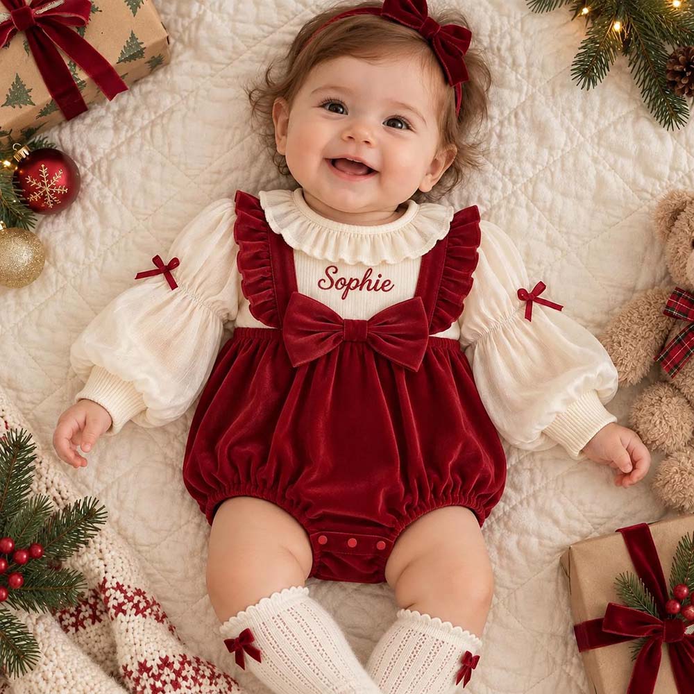Personalized Embroidered Baby Burgundy Velvet Christmas Romper | CWBaby565
