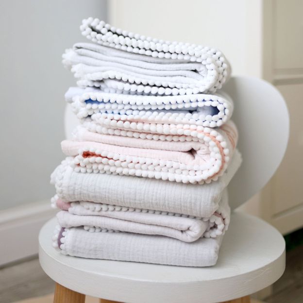 Personalized Embroidered Swaddle Muslin Pom Pom Blanket | CWBaby46