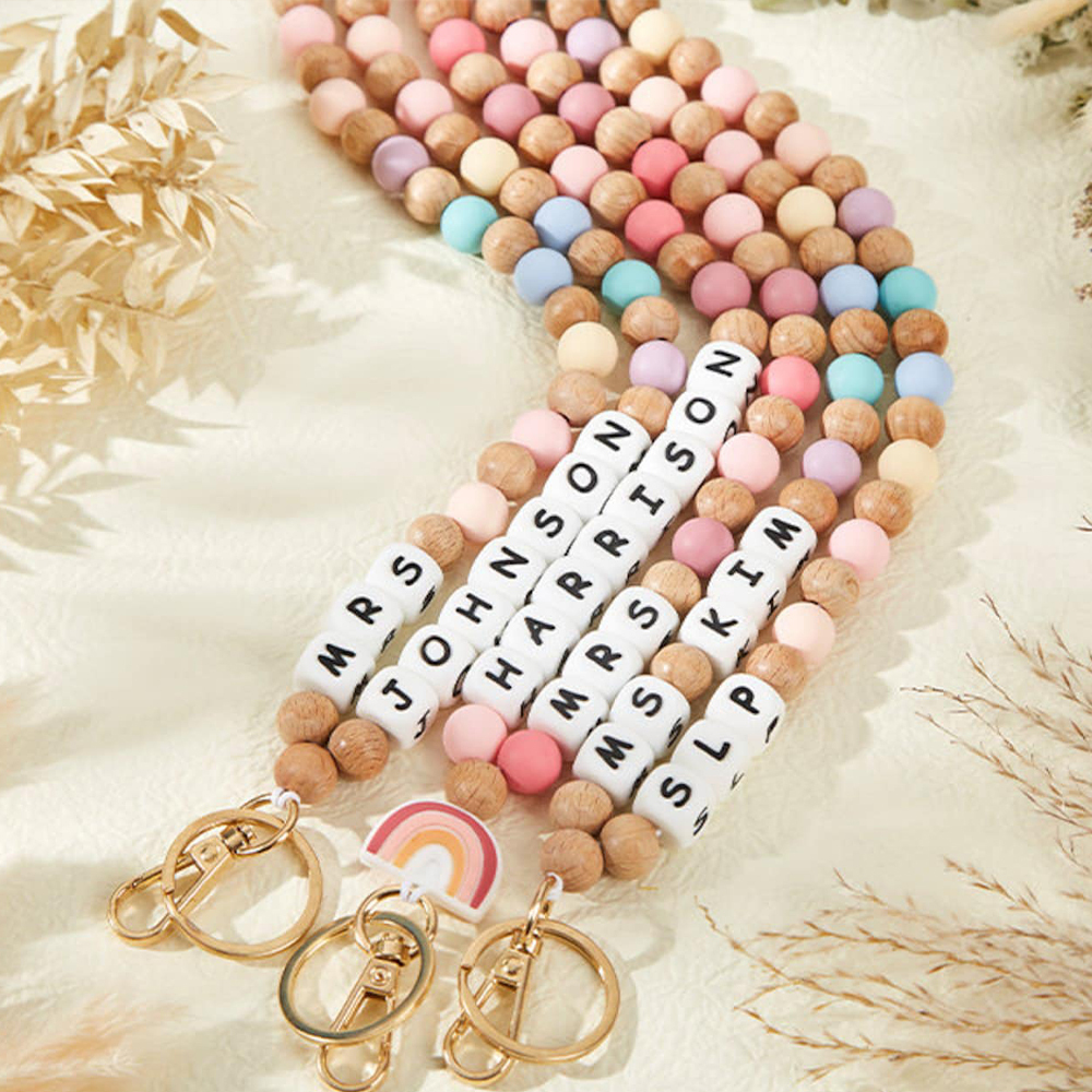 Personalized Teacher Lanyard Beaded Wooden for Teacher Appreciation Gift | CWTeach02