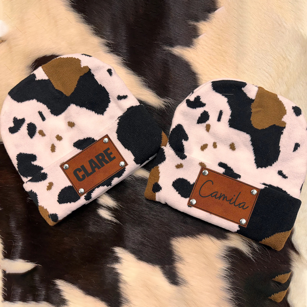 Personalized Leather Patch Cute Cow Warm Beanie | HSKid42