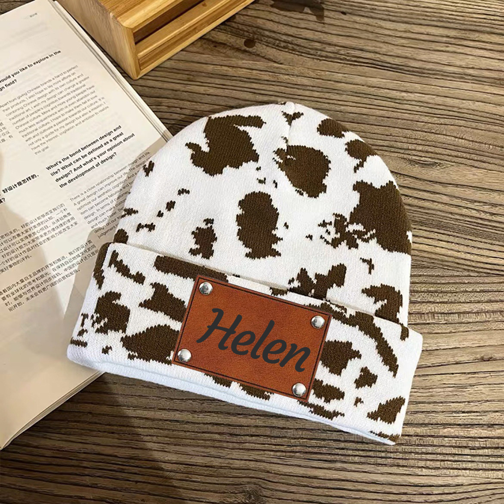 Personalized Leather Patch Cute Cow Warm Beanie | HSKid42