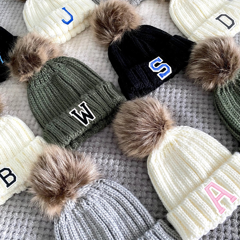 Personalized Initial Patch Pom Pom Beanie Hat | HSKid45