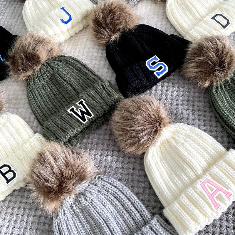 Personalized Initial Patch Pom Pom Beanie Hat | HSKid45