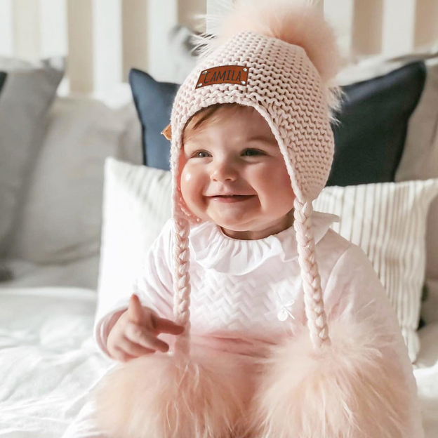 Personalized Leather Patch  Pom Pom Knit Hat With Tassels | HSKid46