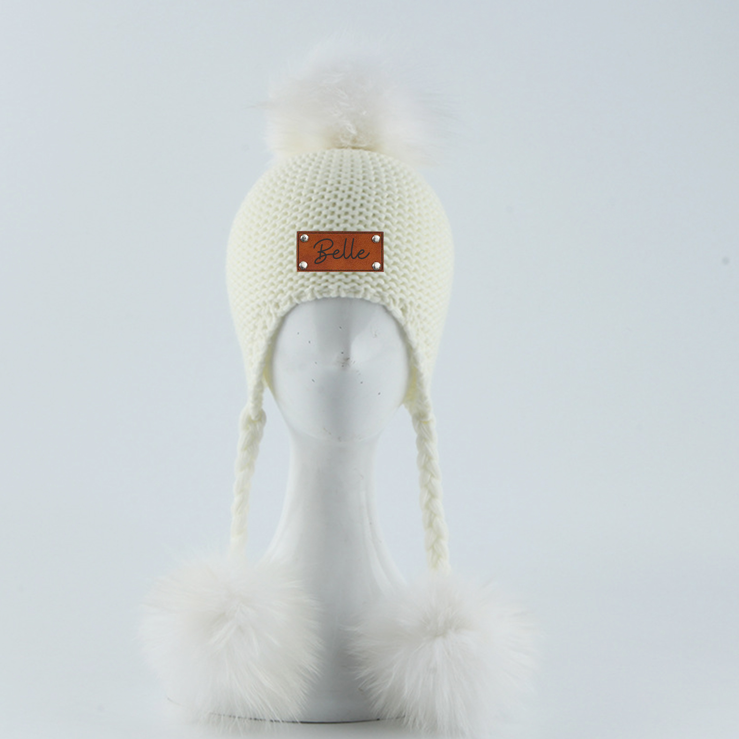 Personalized Leather Patch  Pom Pom Knit Hat With Tassels | HSKid46